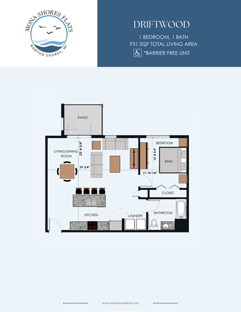 Floor plan for 1 bed, 1 bath, 931 sqft
